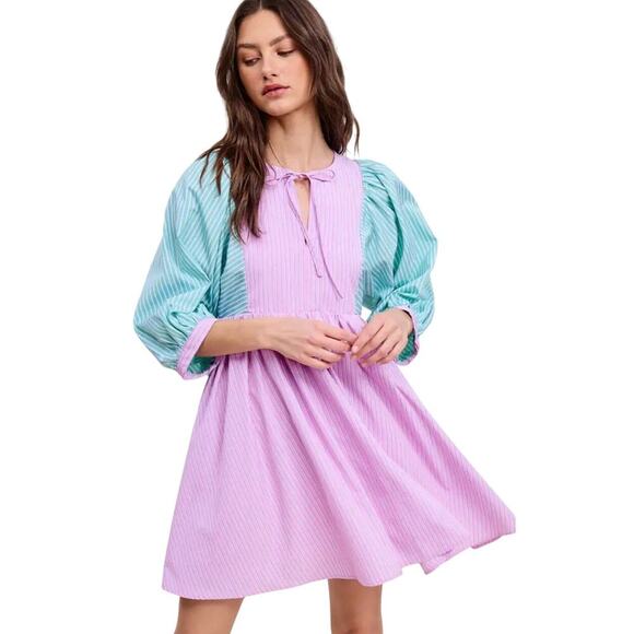 Ultramarine Dresses & Skirts - Ultramarine Two-tone Striped Puff Sleeve Mini Dress Size M | Pink & Green